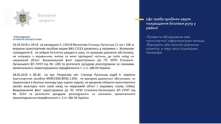 Що треба зробити задля
покращання безпеки руху у
районі
-Провести обговорення змін
транспортної інфраструктури селища
-Відновити, або нанести дорожню
розмітку, в тому числі пішохідних
переходів
Безпечні
дороги
21.03.2019 о 19:10 на автодорозі С-131619 Малинове-Станиця Луганська 12 км + 500 м
керуючи транспортним засобом марки ВАЗ 21013 рухаючись у напрямку с. Малинове
громадянин Б. не вибрав безпечну швидкість руху, не врахував дорожню обстановку,
не впорався з керуванням, виїхав за межі проїжджої частини, де скоїв наїзд на
нерухомий об’єкт. Вищевказаний факт зареєстровано до ІТС ІНПН Станично-
Луганського ВП ГУНП під № 1285 та розпочато досудове розслідування за ознаками
кримінального правопорушення передбаченого ч. 1 ст. 286 КК України.
ПРИКЛАДИ ДТП
Й РОБОТИ ПОЛІЦІЇ ПО НИХ
14.05.2019 о 00:30 на вул. Некрасова смт. Станиця Луганська водій Х. керуючи
транспортним засобом MERCEDES-BENZ-1324L не врахував дорожньої обстановки, не
переконався в безпеці маневру (рух заднім ходом), не врахував габарити транспортного
засобу внаслідок чого скоїв наїзд на нерухомий об’єкт ( надземну газову стійку).
Вищевказаний факт зареєстровано до ІТС ІНПН Станично-Луганського ВП ГУНП під
№ 2164 та розпочато досудове розслідування за ознаками кримінального
правопорушення передбаченого ч. 1 ст. 286 КК України.
 