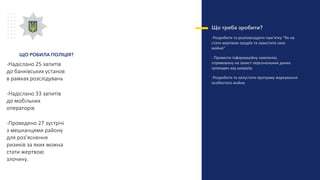 Що треба зробити?
-Розробити та розповсюдити пам’ятку “Як не
стати жертвою крадіїв та захистити своє
майно”
- Провести інформаційну кампанію,
спрямовану на захист персональних даних
громадян від шахраїв;
-Розробити та запустити програму маркування
особистого майна
-Надіслано 25 запитів
до банківських установ
в рамках розслідувань
-Надіслано 33 запитів
до мобільних
операторів
-Проведено 27 зустрічі
з мешканцями району
для роз’яснення
ризиків за яких можна
стати жертвою
злочину.
ЩО РОБИЛА ПОЛІЦІЯ?
 