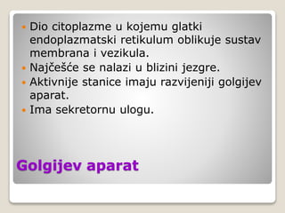 Golgijev aparat
 Dio citoplazme u kojemu glatki
endoplazmatski retikulum oblikuje sustav
membrana i vezikula.
 Najčešće se nalazi u blizini jezgre.
 Aktivnije stanice imaju razvijeniji golgijev
aparat.
 Ima sekretornu ulogu.
 