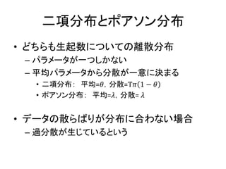 二項分布とポアソン分布
• どちらも生起数についての離散分布
– パラメータが一つしかない
– 平均パラメータから分散が一意に決まる
• 二項分布： 平均=𝜃，分散=T𝜋 1 − 𝜃
• ポアソン分布： 平均=𝜆，分散= 𝜆
• データの散らばりが分布に合わない場合
– 過分散が生じているという
 