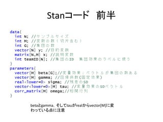 Stanコード 前半
betaとgamma，そしてtauがrealからvector[M]に変
わっている点に注意
 
