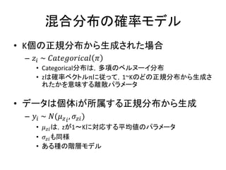 混合分布の確率モデル
• K個の正規分布から生成された場合
– 𝑧𝑖 ~ 𝐶𝑎𝑡𝑒𝑔𝑜𝑟𝑖𝑐𝑎𝑙 𝜋
• Categorical分布は，多項のベルヌーイ分布
• zは確率ベクトルπに従って，1~Kのどの正規分布から生成さ
れたかを意味する離散パラメータ
• データは個体iが所属する正規分布から生成
– 𝑦𝑖 ~ 𝑁(𝜇 𝑧 𝑖, 𝜎𝑧𝑖)
• 𝜇 𝑧𝑖は，zが1～Kに対応する平均値のパラメータ
• 𝜎𝑧𝑖も同様
• ある種の階層モデル
 
