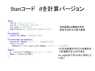 Stanコード 𝜃を計算バージョン
For文は処理が1行だけの場合は
｛｝を省略することができる
inv_logit()はベクトル化に対応して
いない
目的変数yは離散分布を
仮定するのでint型で宣言
 