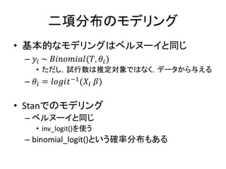 二項分布のモデリング
• 基本的なモデリングはベルヌーイと同じ
– 𝑦𝑖 ~ 𝐵𝑖𝑛𝑜𝑚𝑖𝑎𝑙(𝑇, 𝜃𝑖)
• ただし，試行数は推定対象ではなく，データから与える
– 𝜃𝑖 = 𝑙𝑜𝑔𝑖𝑡−1(𝑋𝑖 𝛽)
• Stanでのモデリング
– ベルヌーイと同じ
• inv_logit()を使う
– binomial_logit()という確率分布もある
 