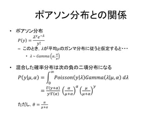 ポアソン分布との関係
• ポアソン分布
𝑃 𝑦 =
𝜆 𝑦 𝑒−𝜆
𝑦!
– このとき，𝜆が平均𝜇のガンマ分布に従うと仮定すると・・・
• 𝜆 ~ 𝐺𝑎𝑚𝑚𝑎 𝛼,
𝛼
𝜇
• 混合した確率分布は次の負の二項分布になる
𝑃 𝑦 𝜇, 𝛼 = 𝑃𝑜𝑖𝑠𝑠𝑜𝑛 𝑦 𝜆 𝐺𝑎𝑚𝑚𝑎 𝜆 𝜇, 𝛼 𝑑𝜆
∞
0
=
Γ 𝑦+𝛼
𝑦!Γ 𝛼
𝛼
𝜇+𝛼
𝛼 𝜇
𝜇+𝛼
𝑦
ただし，𝜃 =
𝛼
𝜇+𝛼
 