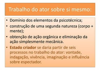 Trabalho do ator sobre si mesmo:Domínio dos elementos da psicotécnica;construção de uma segunda natureza (corpo + mente);obtenção de ação orgânica e eliminação da ação simplesmente mecânica.Estado criador se daria partir de seis processos no trabalho do ator: vontade, indagação, vivência, imaginação e influência sobre espectador.