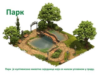 Парк
Парк је култивисана животна заједница која се налази углавном у граду.
 