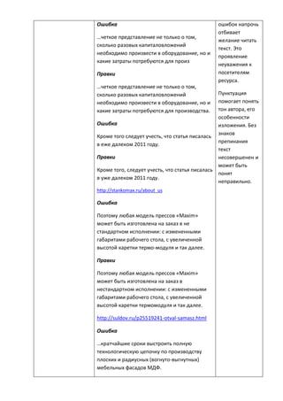 Ошибка
…четкое представление не только о том,
сколько разовых капиталовложений
необходимо произвести в оборудование, но и
какие затраты потребуются для произ
Правки
…четкое представление не только о том,
сколько разовых капиталовложений
необходимо произвести в оборудование, но и
какие затраты потребуются для производства.
Ошибка
Кроме того следует учесть, что статья писалась
в еже далеком 2011 году.
Правки
Кроме того, следует учесть, что статья писалась
в уже далеком 2011 году.
http://stankomax.ru/about_us
Ошибка
Поэтому любая модель прессов «Maxim»
может быть изготовлена на заказ в не
стандартном исполнении: с измененными
габаритами рабочего стола, с увеличенной
высотой каретки термо-модуля и так далее.
Правки
Поэтому любая модель прессов «Maxim»
может быть изготовлена на заказ в
нестандартном исполнении: с измененными
габаритами рабочего стола, с увеличенной
высотой каретки термомодуля и так далее.
http://suldov.ru/p25519241-otval-samasz.html
Ошибка
…кратчайшие сроки выстроить полную
технологическую цепочку по производству
плоских и радиусных (вогнуто-выгнутных)
мебельных фасадов МДФ.
ошибок напрочь
отбивает
желание читать
текст. Это
проявление
неуважения к
посетителям
ресурса.
Пунктуация
помогает понять
тон автора, его
особенности
изложения. Без
знаков
препинания
текст
несовершенен и
может быть
понят
неправильно.
 