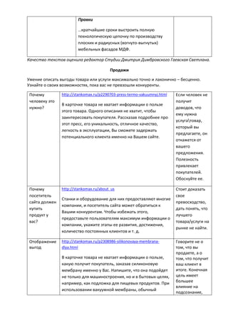 Правки
…кратчайшие сроки выстроить полную
технологическую цепочку по производству
плоских и радиусных (вогнуто-выгнутых)
мебельных фасадов МДФ.
Качество текстов оценила редактор Студии Дмитрия Димбровского Гаевская Светлана.
Продажи
Умение описать выгоды товара или услуги максимально точно и лаконично – бесценно.
Узнайте о своих возможностях, пока вас не превзошли конкуренты.
Почему
человеку это
нужно?
http://stankomax.ru/p2290703-press-termo-vakuumnyj.html
В карточке товара не хватает информации о пользе
этого товара. Одного описания не хватит, чтобы
заинтересовать покупателя. Рассказав подробнее про
этот пресс, его уникальность, отличное качество,
легкость в эксплуатации, Вы сможете задержать
потенциального клиента именно на Вашем сайте.
Если человек не
получит
доводов, что
ему нужна
услугатовар,
который вы
предлагаете, он
откажется от
вашего
предложения.
Полезность
привлекает
покупателей.
Обоснуйте ее.
Почему
посетитель
сайта должен
купить
продукт у
вас?
http://stankomax.ru/about_us
Станки и оборудование для них предоставляют многие
компании, и посетитель сайта может обратиться к
Вашим конкурентам. Чтобы избежать этого,
предоставьте пользователям максимум информации о
компании, укажите этапы ее развития, достижения,
количество постоянных клиентов и т. д.
Стоит доказать
свое
превосходство,
дать понять, что
лучшего
товара/услуги на
рынке не найти.
Отображение
выгод
http://stankomax.ru/p2308986-silikonovaya-membrana-
dlya.html
В карточке товара не хватает информации о пользе,
какую получит покупатель, заказав силиконовую
мембрану именно у Вас. Напишите, что она подойдет
не только для машиностроения, но и в бытовых целях,
например, как подложка для пищевых продуктов. При
использовании вакуумной мембраны, обычный
Говорите не о
том, что вы
продаете, а о
том, что получит
ваш клиент в
итоге. Конечная
цель имеет
большее
влияние на
подсознание,
 