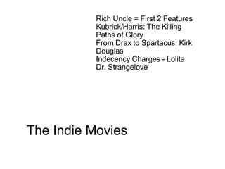 The Indie Movies Rich Uncle = First 2 Features Kubrick/Harris: The Killing Paths of Glory From Drax to Spartacus; Kirk Douglas Indecency Charges - Lolita Dr. Strangelove  