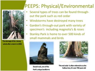 PEEPS: Physical/EnvironmentalSeveral types of treescanbefoundthrough-out the parksuch as redcedarWindstorms have destroyedmanytreesGarden’sthrough-out parkwithvariety of specimen’sincludingmagnolia’s & rosesStanley Park is home to over 500 kinds of smallmammals and birdsThe damage of the  strongwindsafter a storm in 2006This redcedarisoftenreferred to as the hollowtree, it’s over 700 yearsoldSiwash rock, one of the Park’s unique landforms