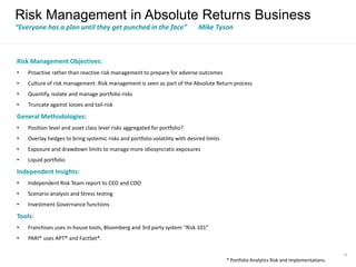 20
Risk Management in Absolute Returns Business
“Everyone has a plan until they get punched in the face” Mike Tyson
Risk Management Objectives:
• Proactive rather than reactive risk management to prepare for adverse outcomes
• Culture of risk management. Risk management is seen as part of the Absolute Return process
• Quantify, isolate and manage portfolio risks
• Truncate against losses and tail-risk
General Methodologies:
• Position level and asset class level risks aggregated for portfolio?
• Overlay hedges to bring systemic risks and portfolio volatility with desired limits
• Exposure and drawdown limits to manage more idiosyncratic exposures
• Liquid portfolio
Independent Insights:
• Independent Risk Team report to CEO and COO
• Scenario analysis and Stress testing
• Investment Governance functions
Tools:
• Franchises uses in-house tools, Bloomberg and 3rd party system “Risk 101”
• PARI* uses APT® and FactSet®.
* Portfolio Analytics Risk and Implementations.
 