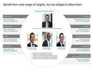 5
Benefit from wide range of insights, but not obliged to follow them
Dealing Desk
Fixed Income
Head : Henk Viljoen
Team: 9 inv. professionals
Listed Property
Head : Keillen Ndlovu
Team: 5 inv. professionals
Equities
Head : Herman van Velze
Team: 8 inv. professionals
Multi-Asset
Head : Robin Eagar
Team: 6 inv. professionals
Economics
Chief Economist: Kevin Lings
Team: 3 inv. professionals
Pan-Africa
Head : John Mackie
Team: 4 inv. professionals
Beta Quant and Passive
Head : Brian Kipps
Team: 5 inv. professionals
Portfolio Analytics
Risk and Implementations (PARI)
Head : Dr Gareth Witten
Team: 15 inv. support
ABSOLUTE RETURNS GROUP
Marius Oberholzer: Head of Absolute Return & Portfolio Manager
Peter van der Ross
Portfolio Manager
Bheki Khuzwayo
Portfolio Manager
• Average Investment Experience 15 Years
• Experienced in Absolute Return investing
• Specialists - only manage Absolute Return Mandates
• Draw on expertise across Stanlib Asset Management
• Boutique mentality - high degree of client alignment
Head : Alphonso Raats
Team: 3 inv. professionals
Vaughan Henkel
Portfolio Manager
 