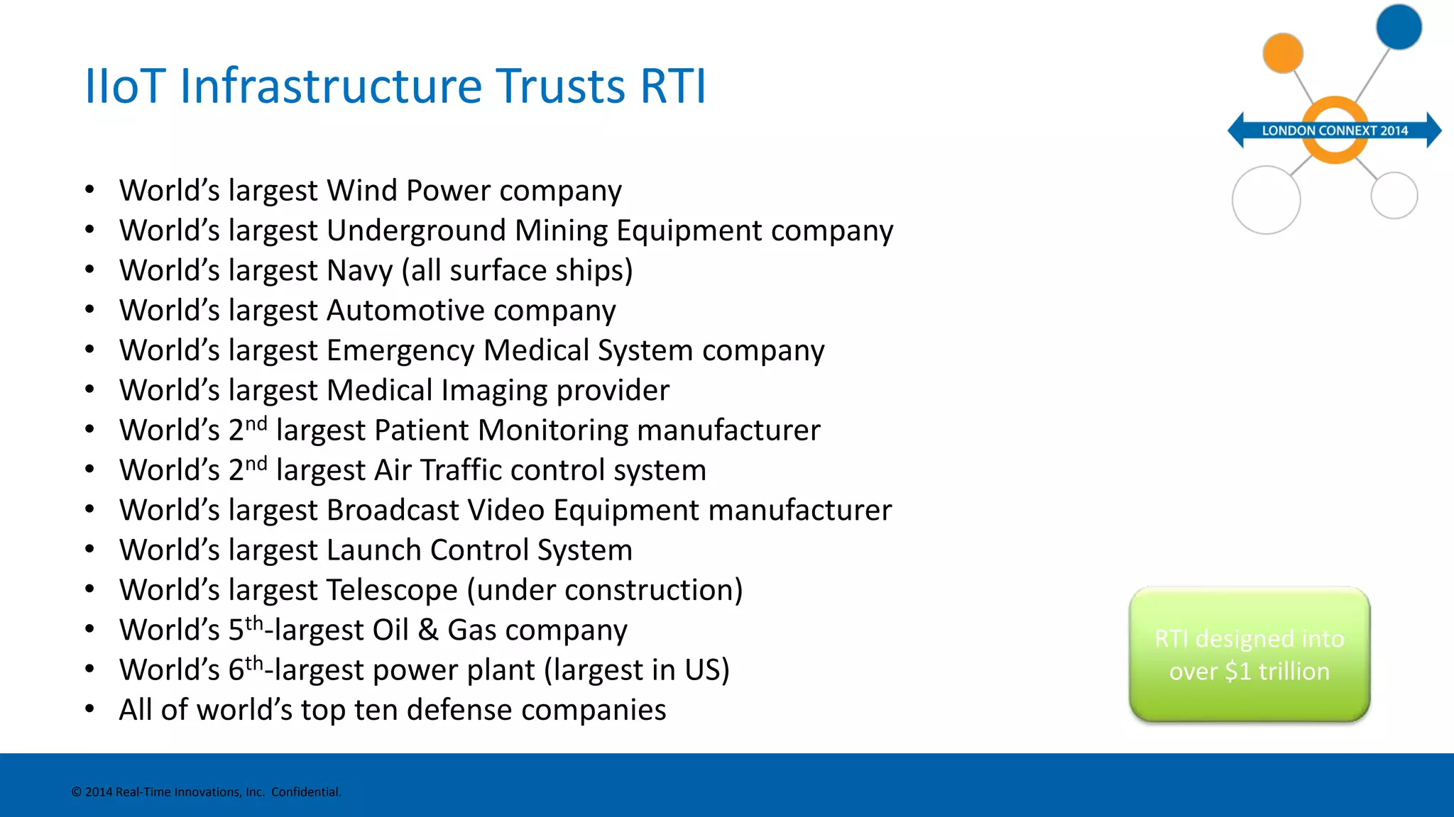 IIoT Infrastructure Trusts RTI 
• World’s largest Wind Power company 
• World’s largest Underground Mining Equipment company 
• World’s largest Navy (all surface ships) 
• World’s largest Automotive company 
• World’s largest Emergency Medical System company 
• World’s largest Medical Imaging provider 
• World’s 2nd largest Patient Monitoring manufacturer 
• World’s 2nd largest Air Traffic control system 
• World’s largest Broadcast Video Equipment manufacturer 
• World’s largest Launch Control System 
• World’s largest Telescope (under construction) 
• World’s 5th-largest Oil & Gas company 
• World’s 6th-largest power plant (largest in US) 
• All of world’s top ten defense companies 
© 2014 Real-Time Innovations, Inc. Confidential. 
RTI designed into 
over $1 trillion 
 