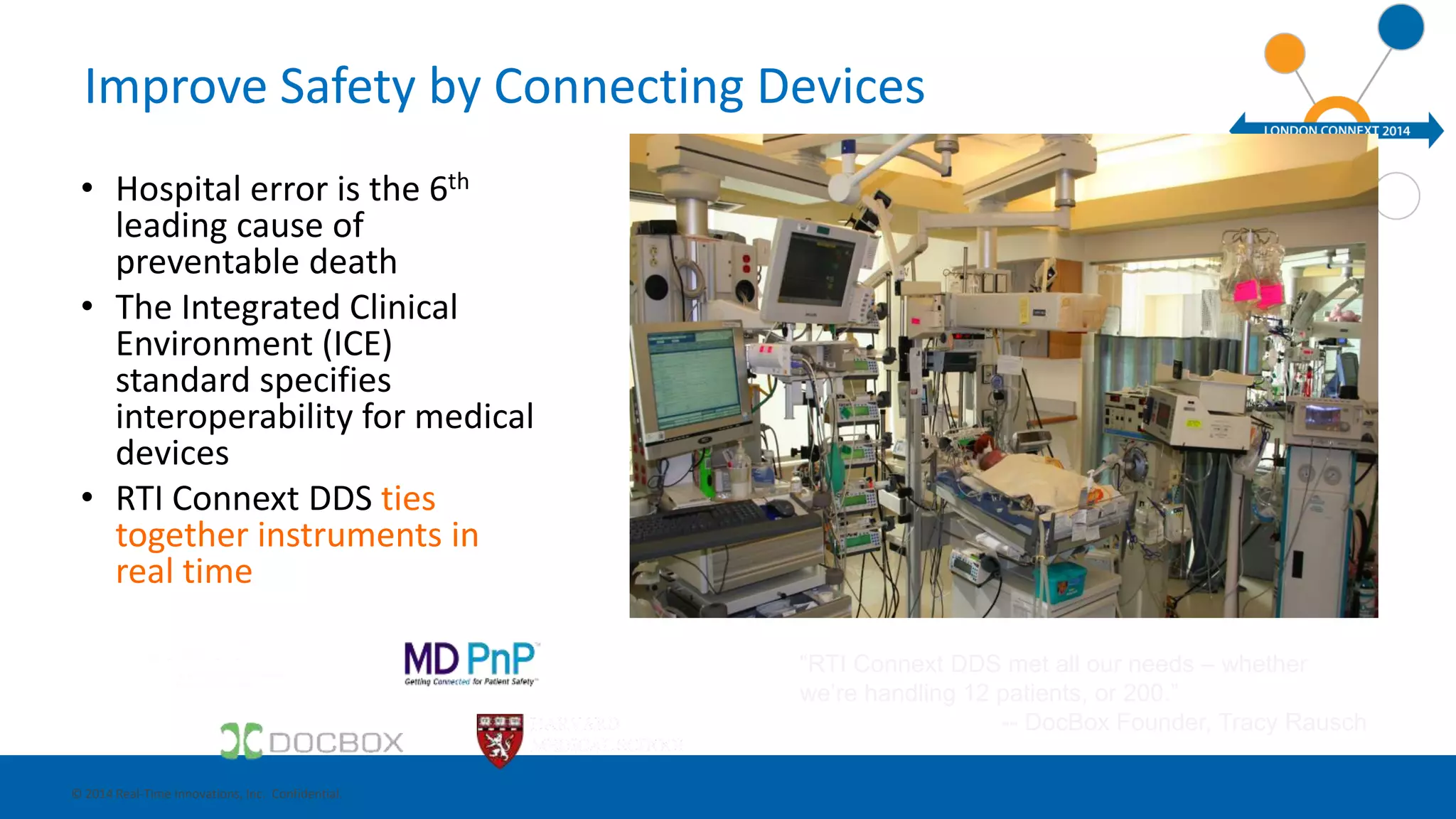 Improve Safety by Connecting Devices 
• Hospital error is the 6th 
leading cause of 
preventable death 
• The Integrated Clinical 
Environment (ICE) 
standard specifies 
interoperability for medical 
devices 
• RTI Connext DDS ties 
together instruments in 
real time 
© 2014 Real-Time Innovations, Inc. Confidential. 
“RTI Connext DDS met all our needs – whether 
we’re handling 12 patients, or 200.” 
-- DocBox Founder, Tracy Rausch 
 