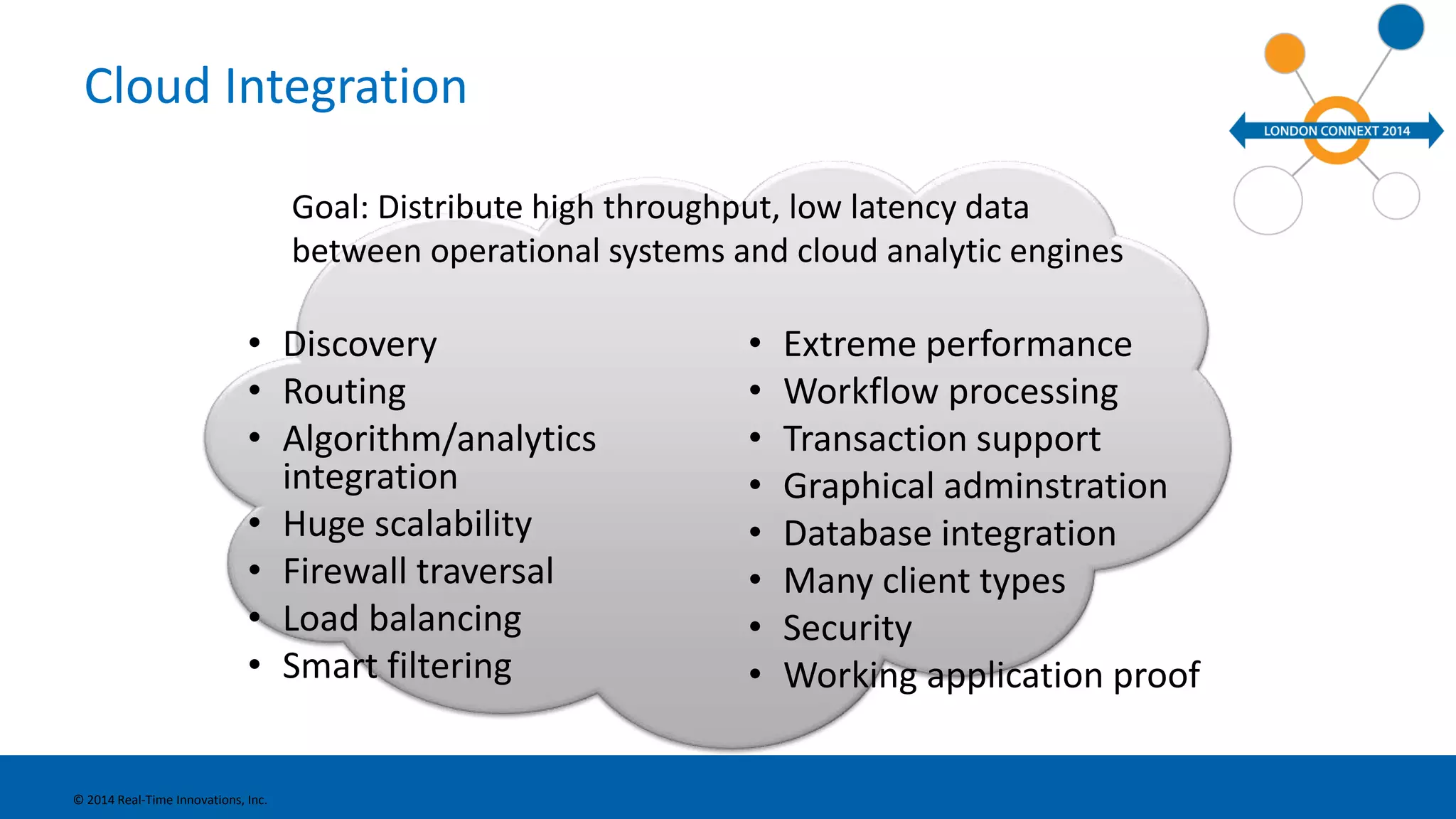 Cloud Integration 
• Discovery 
• Routing 
• Algorithm/analytics 
integration 
• Huge scalability 
• Firewall traversal 
• Load balancing 
• Smart filtering 
• Extreme performance 
• Workflow processing 
• Transaction support 
• Graphical adminstration 
• Database integration 
• Many client types 
• Security 
• Working application proof 
© 2014 Real-Time Innovations, Inc. 
Goal: Distribute high throughput, low latency data 
between operational systems and cloud analytic engines 
 