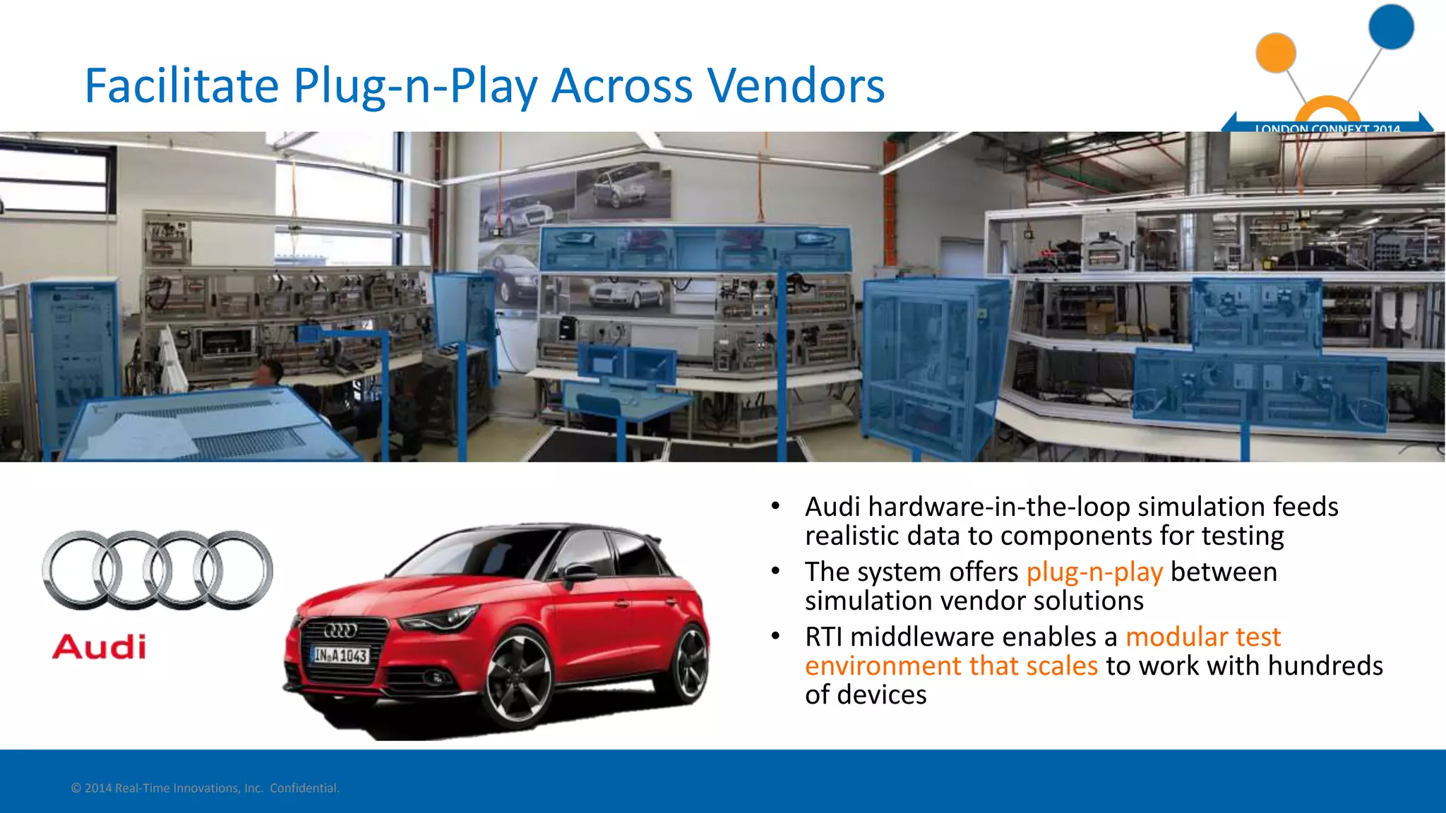 Facilitate Plug-n-Play Across Vendors 
• Audi hardware-in-the-loop simulation feeds 
realistic data to components for testing 
• The system offers plug-n-play between 
simulation vendor solutions 
• RTI middleware enables a modular test 
environment that scales to work with hundreds 
of devices 
© 2014 Real-Time Innovations, Inc. Confidential. 
 