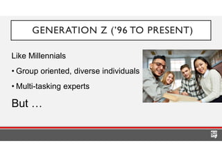 Like Millennials
• Group oriented, diverse individuals
• Multi-tasking experts
But …
GENERATION Z (’96 TO PRESENT)
 