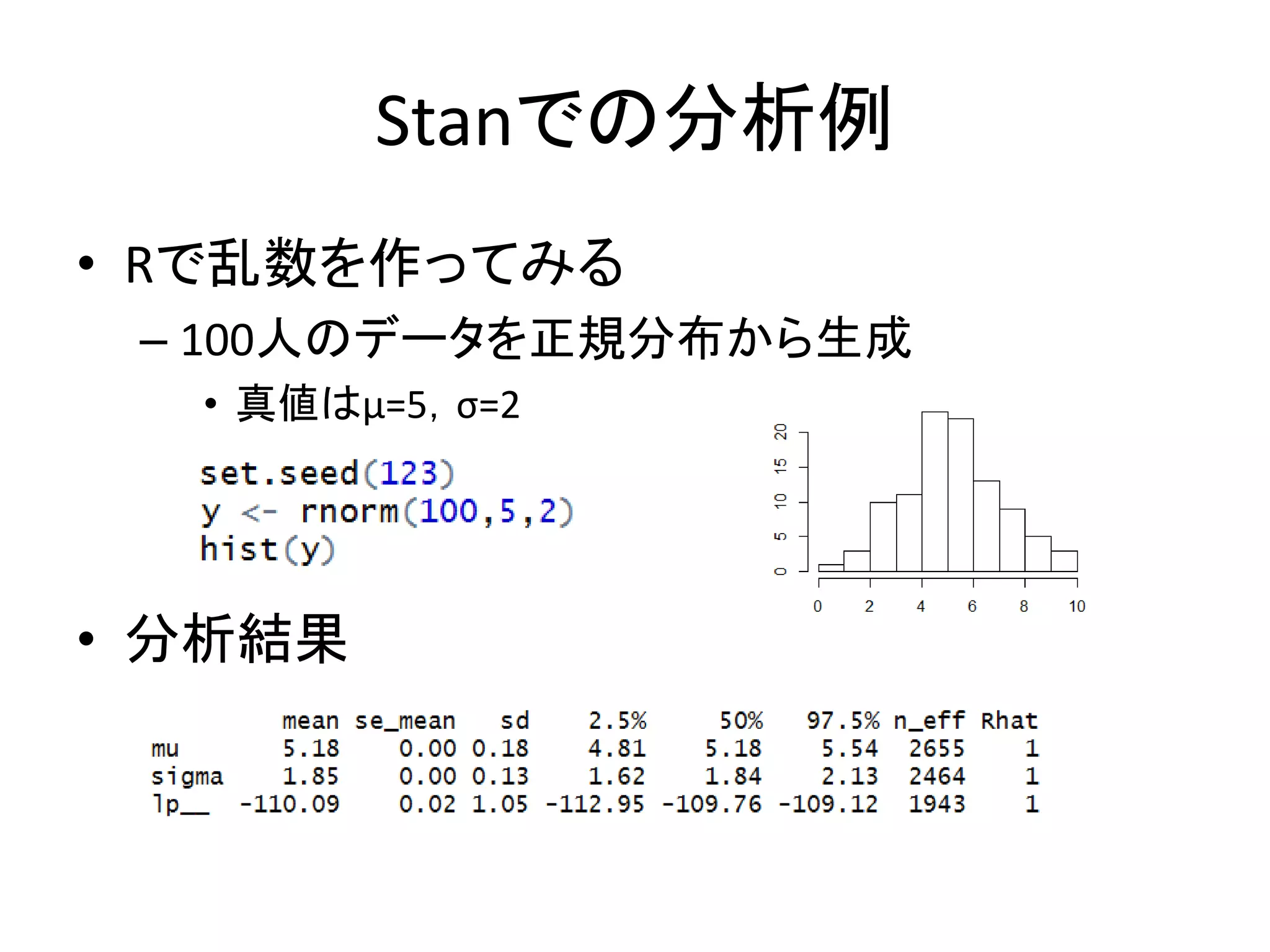 Stanでの分析例
• Rで乱数を作ってみる
– 100人のデータを正規分布から生成
• 真値はμ=5，σ=2
• 分析結果
 