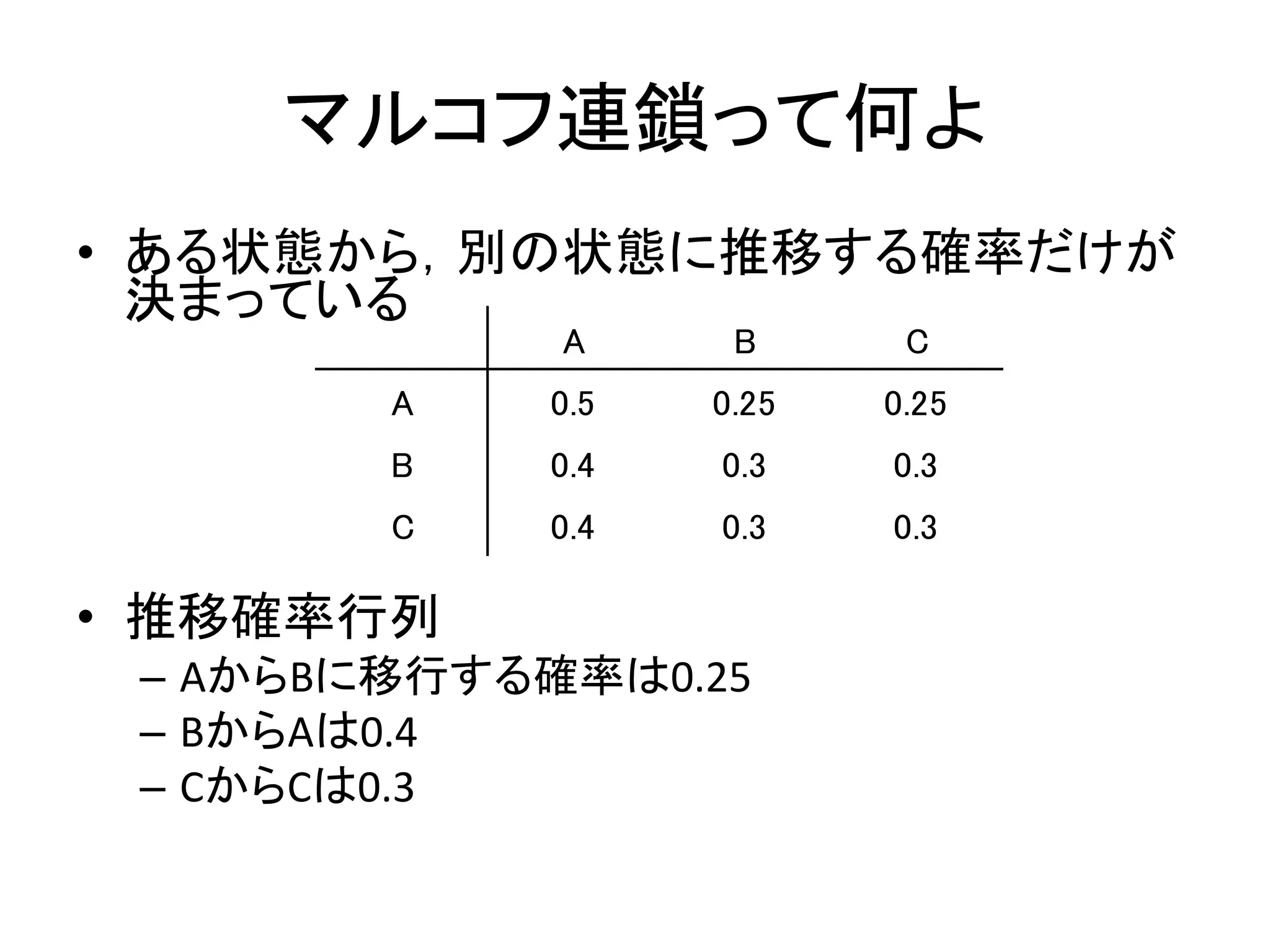 マルコフ連鎖って何よ
• ある状態から，別の状態に推移する確率だけが
決まっている
• 推移確率行列
– AからBに移行する確率は0.25
– BからAは0.4
– CからCは0.3
A B C
A 0.5 0.25 0.25
B 0.4 0.3 0.3
C 0.4 0.3 0.3
 