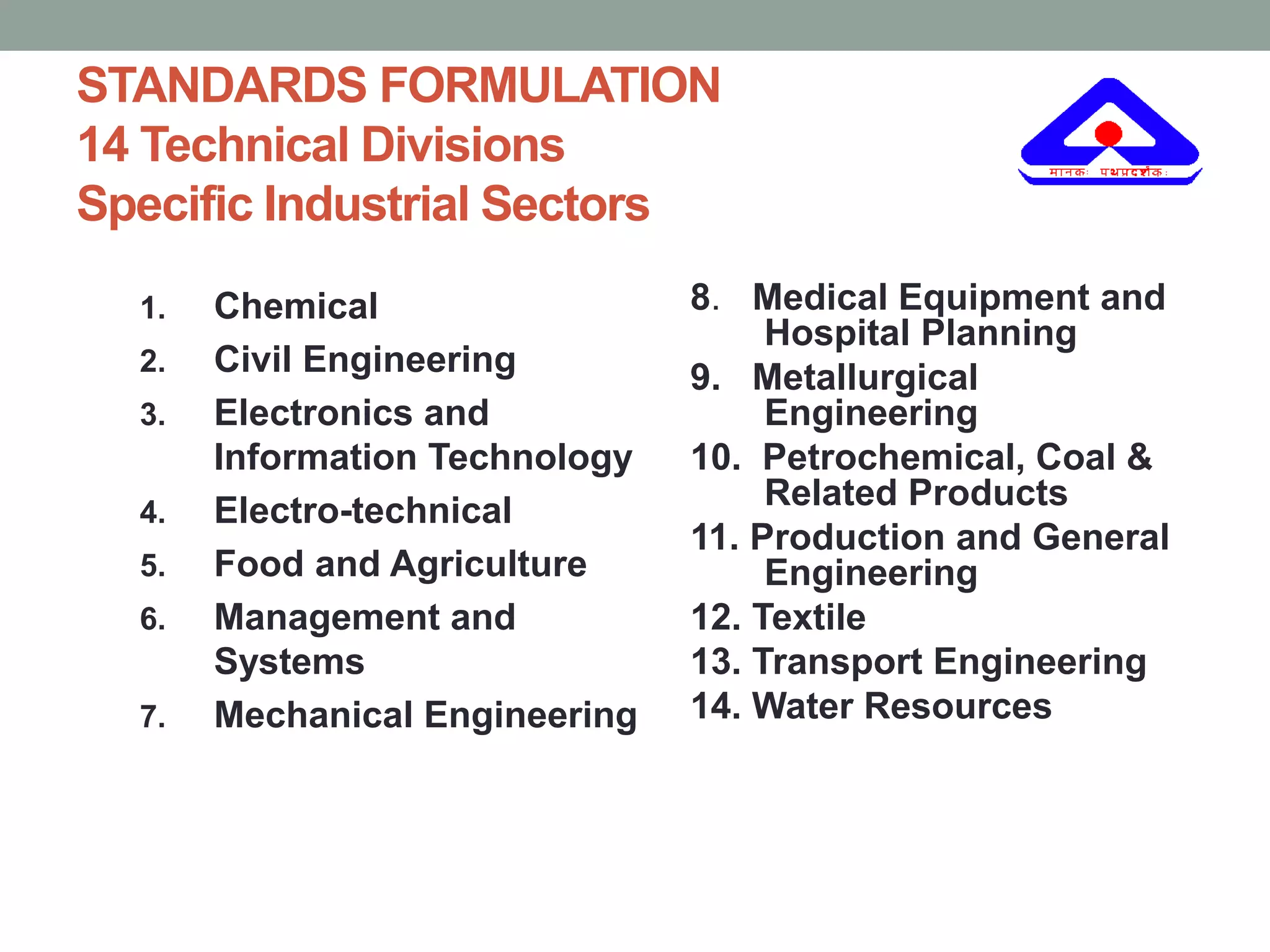 STANDARDS FORMULATION
14 Technical Divisions
Specific Industrial Sectors
1. Chemical
2. Civil Engineering
3. Electronics and
Information Technology
4. Electro-technical
5. Food and Agriculture
6. Management and
Systems
7. Mechanical Engineering
8. Medical Equipment and
Hospital Planning
9. Metallurgical
Engineering
10. Petrochemical, Coal &
Related Products
11. Production and General
Engineering
12. Textile
13. Transport Engineering
14. Water Resources
 