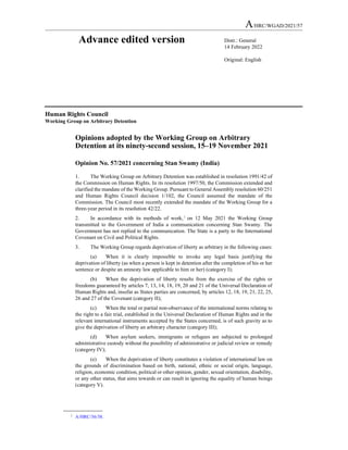 Human Rights Council
Working Group on Arbitrary Detention
Opinions adopted by the Working Group on Arbitrary
Detention at ...