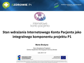 Stan wdrażania Internetowego Konta Pacjenta jako
integralnego komponentu projektu P1
Marta Brożyna
Biuro Zarządzania Projektami
Centrum Systemów Informacyjnych Ochrony Zdrowia
Łódź, 2013-11-27

 