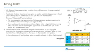 /amradelm
Timing Tables
• We discussed the propagation and transition times and have shown the parameters that
controls them
• To calculate the delay of a chain of logic gates we need to substitute the parameters of each
gate in the equation to get the delay of each gate then sum them together.
• However this approach has many issues:
o The timing equation is an approximation. To have an accurate calculations we need to
run SPICE simulation for each logic gate to get the delay.
o There are thousands and sometimes millions of gates within a digital VLSI chip, running
SPICE simulation or even calculating the approximate equation for each gate would
require very huge amount of time.
• To overcome this issue, standard cell designers run simulations for each logic gate
separately. The propagation and transition times are calculated at different values for input
transition time and load capacitance. The values are then stored in timing tables
• In the next slide we will see how these tables are used to calculate the delay of a timing path
10
𝑡𝑝𝑟𝑜𝑝 =
0.69 𝑉𝐷𝐷 . 𝐶𝐿
𝑊
2𝐿
𝜇𝐶𝑜𝑥 𝑉𝐷𝐷 − 𝑉𝑡ℎ
2
1.1 1.2 1.3 1.4
10 2.10 2.20 2.27 3.00
20 2.50 3.00 3.45 3.96
30 2.90 3.40 3.80 4.15
Load Capacitance
𝑪𝑳
Example Propagation Delay Timing Table
Input Transition Time
𝒕
 