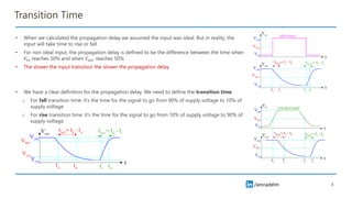 /amradelm
Transition Time
• When we calculated the propagation delay we assumed the input was ideal. But in reality, the
input will take time to rise or fall
• For non ideal input, the propagation delay is defined to be the difference between the time when
𝑉𝑖𝑛 reaches 50% and when 𝑉𝑜𝑢𝑡 reaches 50%
• The slower the input transition the slower the propagation delay
• We have a clear definition for the propagation delay. We need to define the transition time
o For fall transition time: it’s the time for the signal to go from 90% of supply voltage to 10% of
supply voltage
o For rise transition time: it’s the time for the signal to go from 10% of supply voltage to 90% of
supply voltage
8
 