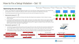 /amradelm
/amradelm
How to Fix a Setup Violation – Sol. 12
• Reducing the capacitance 𝑪 =
𝝐𝑨
𝒅
1. Increasing the spacing 𝒅 by moving the two wires aways from each other will reduce the capacitance between them.
We can apply NDR on specific nets to tell the router that we want no nets to get routed very close to these nets
2. Reducing the common distance. When two wires move along each other for a long distance the common area 𝑨 will
be big leading to bigger capacitance. We can move one of the two wires to another layer to reduce the delay
25
𝑇𝑙𝑎𝑢𝑛𝑐ℎ_𝑒𝑑𝑔𝑒 + 𝑇𝑙𝑎𝑢𝑛𝑐ℎ_𝑙𝑎𝑡𝑒𝑛𝑐𝑦 + 𝑇𝑐𝑜𝑚𝑏 < 𝑇𝑐𝑎𝑝𝑡𝑢𝑟𝑒_𝑒𝑑𝑔𝑒 − 𝑇𝑠𝑒𝑡𝑢𝑝 + 𝑇𝑐𝑎𝑝𝑡𝑢𝑟𝑒_𝑙𝑎𝑡𝑒𝑛𝑐𝑦
Optimizing the wire delay
• In part 1 we showed how a signal propagating through an RC circuit will have a delay proportional to the resistance and
the capacitance. Hence, to reduce this delay we need to reduce the resistance and capacitance of the wire.
• This will also decrease the load cap of the cell that drives the wire which will speed up the cell too.
• Reducing the resistance 𝑹 =
𝝆𝑳
𝑨
:
1. Reducing the length 𝑳 of the wire will reduce the delay. We showed some examples on how to reduce it using a
better floorplan.
2. Increasing the width will decrease the delay. Higher metal layers have higher default width and also bigger thickness
hence larger area 𝑨. PNR tools will use these higher layers for long and critical nets to reduce their delay. The PNR
engineer can manually move the wires to higher layers during ECO or apply non-default routing rules (NDR) on these
nets to make the router route them in higher layers
 