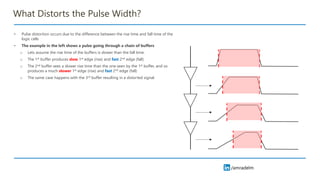 /amradelm
/amradelm
What Distorts the Pulse Width?
• Pulse distortion occurs due to the difference between the rise time and fall time of the
logic cells
• The example in the left shows a pulse going through a chain of buffers
o Lets assume the rise time of the buffers is slower than the fall time.
o The 1st buffer produces slow 1st edge (rise) and fast 2nd edge (fall)
o The 2nd buffer sees a slower rise time than the one seen by the 1st buffer, and so
produces a much slower 1st edge (rise) and fast 2nd edge (fall)
o The same case happens with the 3rd buffer resulting in a distorted signal.
 