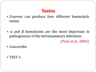 Toxins
 S.aureus can produce four different haemolytic
toxins
 α and β hemolysins are the most important in
pathogenesis of the intramammary infections
(Park et al., 2004)
 Leucocidin
 TSST-1
 