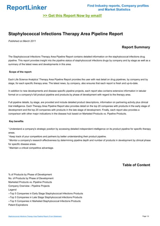 Find Industry reports, Company profiles
ReportLinker                                                                        and Market Statistics
                                              >> Get this Report Now by email!



Staphylococcal Infections Therapy Area Pipeline Report
Published on March 2011

                                                                                                               Report Summary

The Staphylococcal Infections Therapy Area Pipeline Report contains detailed information on the staphylococcal infections drug
pipeline. This report provides insight into the pipeline status of staphylococcal infections drugs by company and by stage as well as a
summary of the latest news and developments in this area.


Scope of the report:


Each Life Science Analytics' Therapy Area Pipeline Report provides the user with real detail on drug pipelines, by company and by
stage, for each specific therapy area. The latest news, by company, also ensures that each report is fresh and up-to-date.


In addition to new developments and disease specific pipeline projects, each report also contains extensive information in tabular
format on a company's full product pipeline and products by phase of development with regard to the therapy area.


Full pipeline details, by stage, are provided and include detailed product descriptions, information on partnering activity plus clinical
trial intelligence. Each Therapy Area Pipeline Report also provides detail on the top 20 companies with products in the early stage of
development and the top 20 companies with products in the late stage of development. Finally, each report also provides a
comparison with other major indications in the disease hub based on Marketed Products vs. Pipeline Products.


Key benefits


' Understand a company's strategic position by accessing detailed independent intelligence on its product pipeline for specific therapy
areas.
' Keep track of your competitors and partners by better understanding their product pipeline.
' Monitor a company's research effectiveness by determining pipeline depth and number of products in development by clinical phase
for specific disease areas.
' Maintain a critical competitive advantage.




                                                                                                               Table of Content

% of Products by Phase of Development
No. of Products by Phase of Development
Marketed Products vs. Pipeline Products
Company Overview - Pipeline Projects
Legend
--Top 5 Companies in Early Stage Staphylococcal Infections Products
--Top 5 Companies in Late Stage Staphylococcal Infections Products
--Top 5 Companies in Marketed Staphylococcal Infections Products
Patent Expirations



Staphylococcal Infections Therapy Area Pipeline Report (From Slideshare)                                                           Page 1/4
 