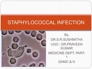 By,
DR.S.R.SUSHMITHA
UGO : DR.PRAVEEN
KUMAR
MEDICINE DEPT, PART-
1
GHMC & H
STAPHYLOCOCCAL INFECTION
 