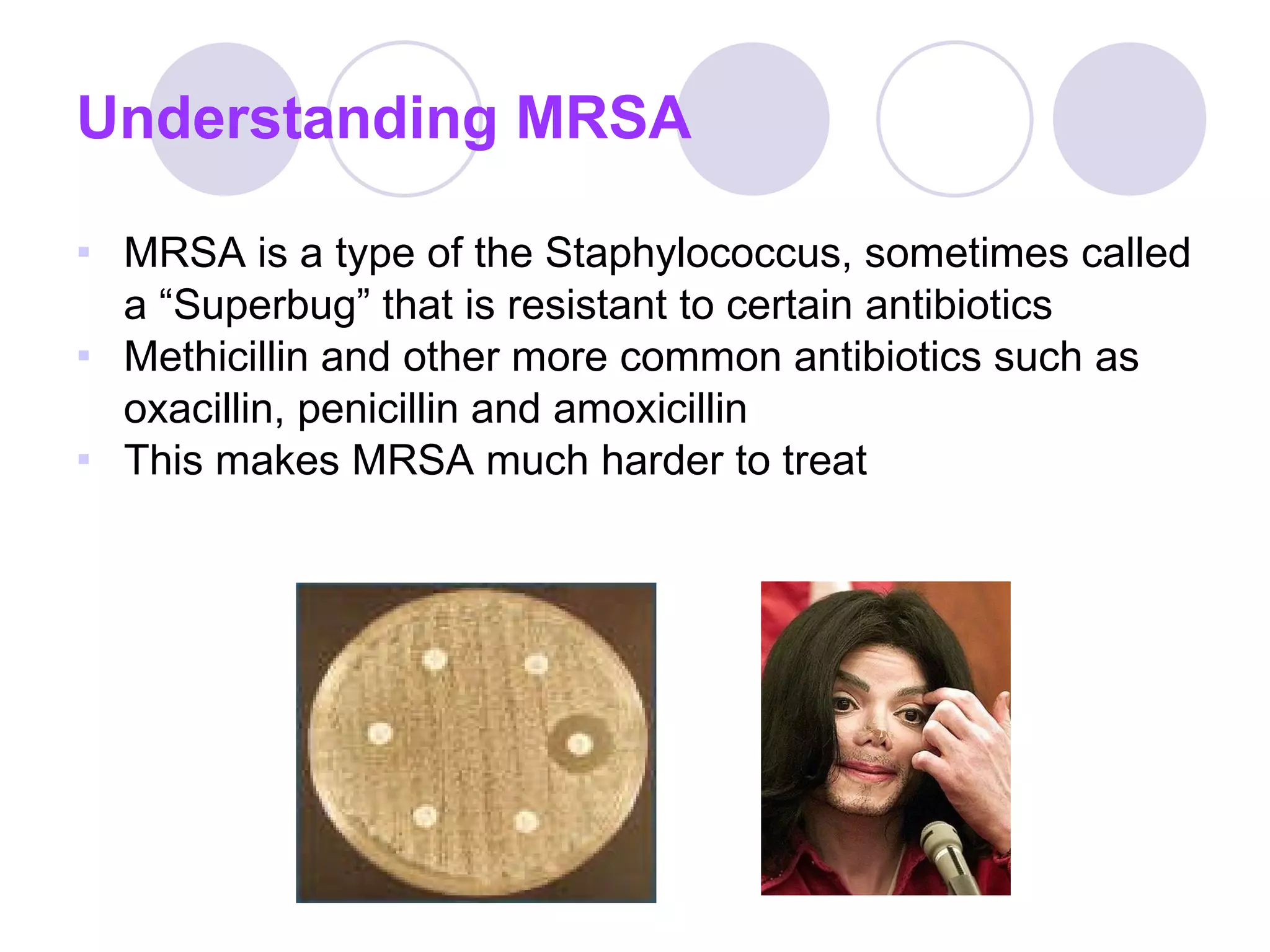 Understanding MRSA MRSA is a type of the Staphylococcus, sometimes called a “Superbug” that is resistant to certain antibiotics Methicillin and other more common antibiotics such as oxacillin, penicillin and amoxicillin This makes MRSA much harder to treat 