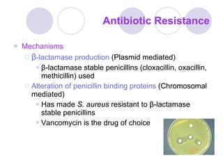 Antibiotic Resistance Mechanisms β - lactamase production  (Plasmid mediated) β - lactamase stable penicillins (cloxacillin, oxacillin, methicillin) used Alteration of penicillin binding proteins   (Chromosomal mediated) Has made  S. aureus  resistant to  β - lactamase stable penicillins Vancomycin is the drug of choice 