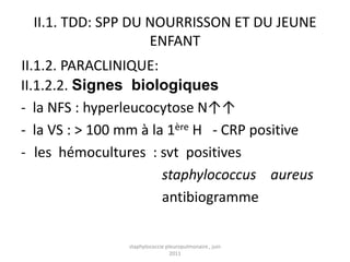 II.1. TDD: SPP DU NOURRISSON ET DU JEUNE
                   ENFANT
II.1.2. PARACLINIQUE:
II.1.2.2. Signes biologiques
- la NFS : hyperleucocytose N↑↑
- la VS : > 100 mm à la 1ère H - CRP positive
- les hémocultures : svt positives
                       staphylococcus aureus
                       antibiogramme

                staphylococcie pleuropulmonaire , juin
                                 2011
 
