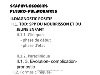 STAPHYLOCOCCIES
PLEURO-PULMONAIRES
II.DIAGNOSTIC POSITIF
 II.1. TDD: SPP DU NOURRISSON ET DU
     JEUNE ENFANT
     II.1.1. Cliniques
        - phase de début
        - phase d’état

    II.1.2. Paraclinique
    II.1. 3. Evolution- complication-
    pronostic
              staphylococcie pleuropulmonaire , juin
 II.2. Formes cliniques        2011
 