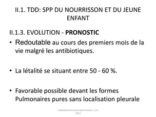 II.1. TDD: SPP DU NOURRISSON ET DU JEUNE
                    ENFANT

II.1.3. EVOLUTION - PRONOSTIC
• Redoutable au cours des premiers mois de la
   vie malgré les antibiotiques.

• La létalité se situant entre 50 - 60 %.

• Favorable possible devant les formes
  Pulmonaires pures sans localisation pleurale
                  staphylococcie pleuropulmonaire , juin
                                   2011
 