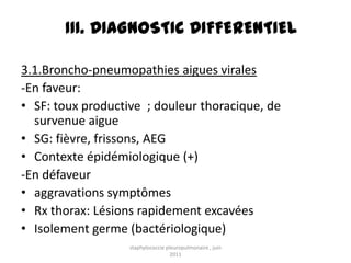 III. DIAGNOSTIC DIFFERENTIEL

3.1.Broncho-pneumopathies aigues virales
-En faveur:
• SF: toux productive ; douleur thoracique, de
  survenue aigue
• SG: fièvre, frissons, AEG
• Contexte épidémiologique (+)
-En défaveur
• aggravations symptômes
• Rx thorax: Lésions rapidement excavées
• Isolement germe (bactériologique)
                   staphylococcie pleuropulmonaire , juin
                                    2011
 