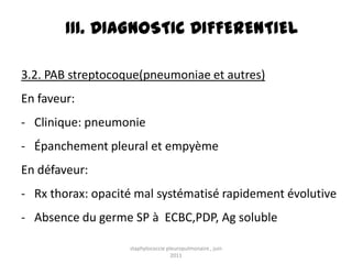 III. DIAGNOSTIC DIFFERENTIEL

3.2. PAB streptocoque(pneumoniae et autres)
En faveur:
- Clinique: pneumonie
- Épanchement pleural et empyème
En défaveur:
- Rx thorax: opacité mal systématisé rapidement évolutive
- Absence du germe SP à ECBC,PDP, Ag soluble

                   staphylococcie pleuropulmonaire , juin
                                    2011
 