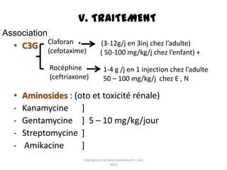 V. TRAITEMENT
Association
              Claforan •           (3-12g/j en 3inj chez l’adulte)
  • C3G       (cefotaxime)         ( 50-100 mg/kg/j chez l’enfant) +

              Rocéphine              1-4 g /j en 1 injection chez l’adulte
              (ceftriaxone)          50 – 100 mg/kg/j chez E , N

  •   Aminosides : (oto et toxicité rénale)
  -   Kanamycine ]
  -   Gentamycine ] 5 – 10 mg/kg/jour
  -   Streptomycine ]
  -   Amikacine      ]
                         staphylococcie pleuropulmonaire , juin
                                          2011
 