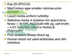 Esp.20-25%Co2 MacConkys agar-smaller colonies-pink-lactoseF Liquid media-uniform turbidity- Selective media 4 isolation-4m specimens-feces-----8-10% NaCl(salt-milk ag.,salt broth)—LiCl,Tellurite(Ludlam’s media),& Polymyxin) Prim isolation-Sheep blood ag. Human blood not used-antibodies and othr inhibitors 