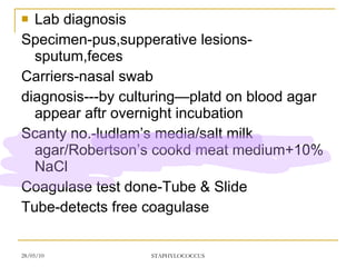 Lab diagnosis Specimen-pus,supperative lesions-sputum,feces Carriers-nasal swab diagnosis---by culturing—platd on blood agar appear aftr overnight incubation Scanty no.-ludlam’s media/salt milk agar/Robertson’s cookd meat medium+10% NaCl Coagulase test done-Tube & Slide Tube-detects free coagulase 