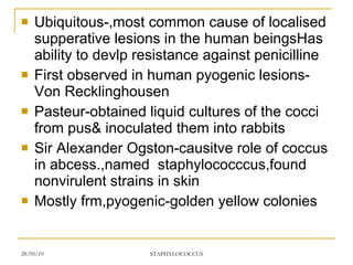 Ubiquitous-,most common cause of localised supperative lesions in the human beingsHas ability to devlp resistance against penicilline First observed in human pyogenic lesions-Von Recklinghousen Pasteur-obtained liquid cultures of the cocci from pus& inoculated them into rabbits Sir Alexander Ogston-causitve role of coccus in abcess.,named  staphylococccus,found nonvirulent strains in skin Mostly frm,pyogenic-golden yellow colonies 
