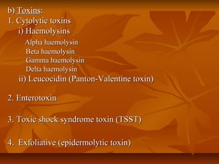b)b) ToxinsToxins::
1. Cytolytic toxins1. Cytolytic toxins
i) Haemolysinsi) Haemolysins
Alpha haemolysinAlpha haemolysin
Beta haemolysinBeta haemolysin
Gamma haemolysinGamma haemolysin
Delta haemolysinDelta haemolysin
ii) Leucocidin (Panton-Valentine toxin)ii) Leucocidin (Panton-Valentine toxin)
2. Enterotoxin2. Enterotoxin
3.3. Toxic shock syndrome toxin (TSST)Toxic shock syndrome toxin (TSST)
44.. .. Exfoliative (epidermolytic toxin)Exfoliative (epidermolytic toxin)
 