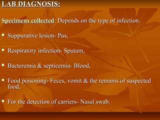 LAB DIAGNOSIS:LAB DIAGNOSIS:
Specimens collectedSpecimens collected:: Depends on the type of infection.Depends on the type of infection.
 Suppurative lesion- Pus,Suppurative lesion- Pus,
 Respiratory infection- Sputum,Respiratory infection- Sputum,
 Bacteremia & septicemia- Blood,Bacteremia & septicemia- Blood,
 Food poisoning- Feces, vomit & the remains of suspectedFood poisoning- Feces, vomit & the remains of suspected
food,food,
 For the detection of carriers- Nasal swab.For the detection of carriers- Nasal swab.
 