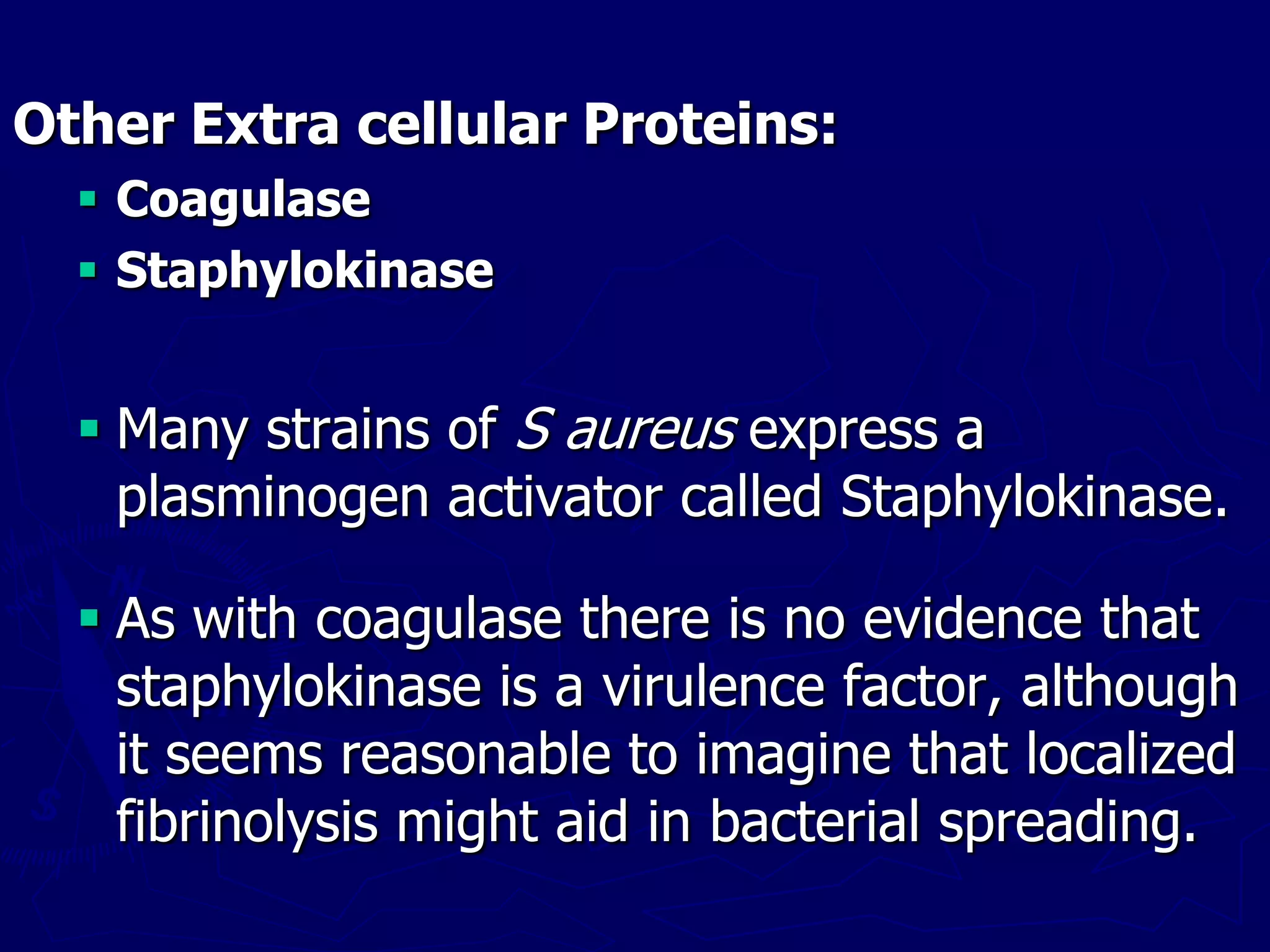 Other Extra cellular Proteins:
 Coagulase
 Staphylokinase
 Many strains of S aureus express a
plasminogen activator called Staphylokinase.
 As with coagulase there is no evidence that
staphylokinase is a virulence factor, although
it seems reasonable to imagine that localized
fibrinolysis might aid in bacterial spreading.
 
