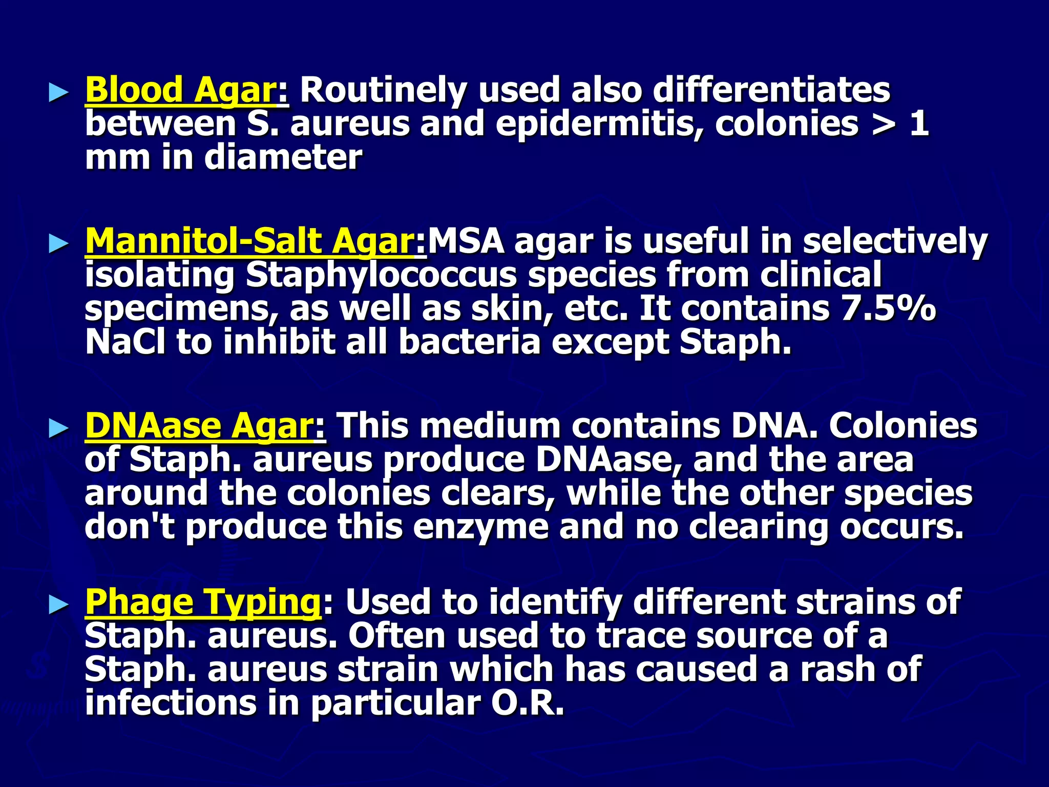 ► Blood Agar: Routinely used also differentiates
between S. aureus and epidermitis, colonies > 1
mm in diameter
► Mannitol-Salt Agar:MSA agar is useful in selectively
isolating Staphylococcus species from clinical
specimens, as well as skin, etc. It contains 7.5%
NaCl to inhibit all bacteria except Staph.
► DNAase Agar: This medium contains DNA. Colonies
of Staph. aureus produce DNAase, and the area
around the colonies clears, while the other species
don't produce this enzyme and no clearing occurs.
► Phage Typing: Used to identify different strains of
Staph. aureus. Often used to trace source of a
Staph. aureus strain which has caused a rash of
infections in particular O.R.
 
