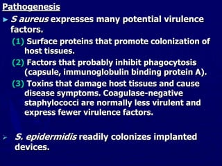 Pathogenesis
► S aureus expresses many potential virulence
factors.
(1) Surface proteins that promote colonization of
host tissues.
(2) Factors that probably inhibit phagocytosis
(capsule, immunoglobulin binding protein A).
(3) Toxins that damage host tissues and cause
disease symptoms. Coagulase-negative
staphylococci are normally less virulent and
express fewer virulence factors.
 S. epidermidis readily colonizes implanted
devices.
 